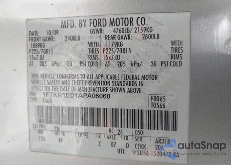 2010 Ford Ranger Xl/Xlt из США, поврежденный, VIN 1FTKR1ED1APA06060